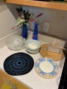Group Decorative Glassware Pottery Plates Wood Serving Board Lot