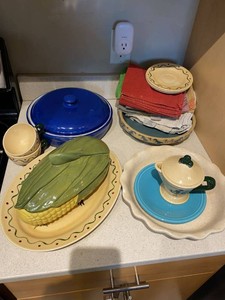 Group Vintage Country Kitchen Pottery Linens Corn Dish Casserole