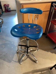 Blue Industrial Drafting Stool Tractor Seat Chrome Swivel Chair