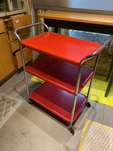 Vintage Red 3-Tier Rolling Utility Bar Cart Chrome Mid Century