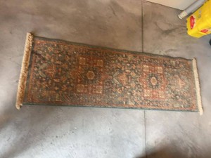 Vintage Persian-Style Runner Rug Blue Rust Fringed Hall Carpet