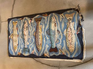 Vintage Hand Hooked Fish Motif Area Rug Approx. 3 x 5 Blue Wool
