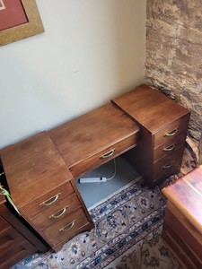 Vintage Walnut Kneehole Writing Desk 7 Drawer Brass Pulls 46x19x26