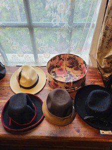Vintage Hat Lot With Floral Hat Box Fedora Western Felt Straw Styles