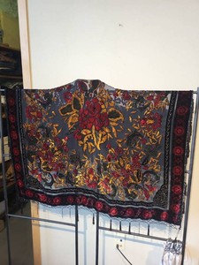 Vintage Burnout Velvet Beaded Fringe Floral Shawl Wrap Scarf Black