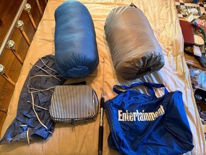 Mixed Camping Travel Gear Lot Sleeping Bags Fishing Rod Tote Bag