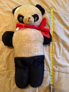 Vintage Large Panda Bear Plush Stuffed Animal With Red Ribbon Bow