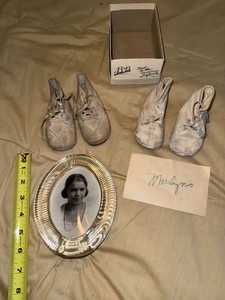 Vintage Infant Keepsake Lot Baby Shoes Portrait Frame Box Ephemera
