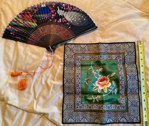 Vintage Asian Folding Hand Fan Silk Scarf & Storage Case Set