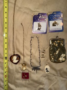 Vintage Costume Jewelry Lot Cameo Locket Mesh Purse Dragonfly Necklace