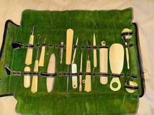 Vintage French Ivory Manicure Grooming Travel Set w Black Case