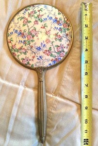 Vintage Floral Round Hand Mirror Brass Tone Vanity Dresser Decor