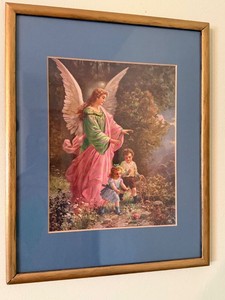 Vintage Framed Guardian Angel Print Blue Mat Wood Frame Wall Art