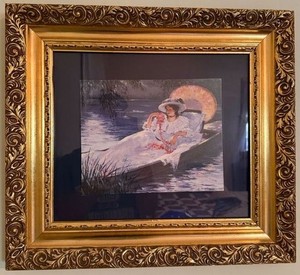 Framed Lady in Boat Artwork Signed E. Kristoff Ornate Gold Frame