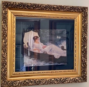 Framed Romantic River Scene Art Print Woman in Boat Ornate Gold Frame