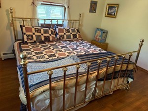 Vintage Brass Bed Frame with Patchwork Quilt Bedding Set