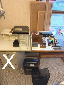 Box Lot of Assorted Office Supplies Desk Organizers Shredder Clock