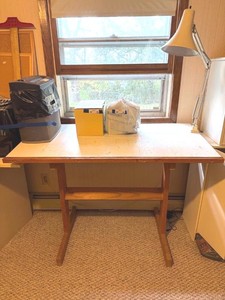 Vintage Work Table Desk With Articulating Task Lamp Wood Laminate Top