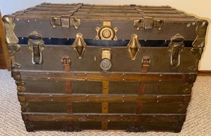 Antique Flat Top Steamer Trunk Wood Slat Metal Bound Chest