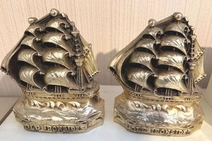 Pair of Vintage Old Ironsides Ship Bookends Gold Tone Nautical Decor