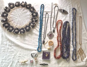 Vintage Costume Jewelry Mixed Lot Necklaces Pins Brooches Doily