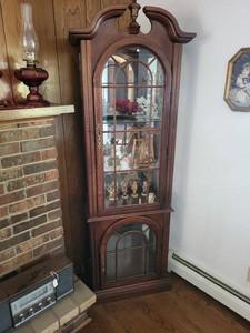 Cherry Finish Lighted Curio Display Cabinet w Glass Doors 76in