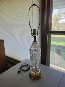 Vintage Cut Glass Table Lamp Brass Tone Base 28in No Shade