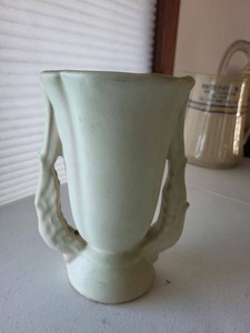 Vintage McCoy Art Pottery Double Handled Matte Green Vase 7.5in