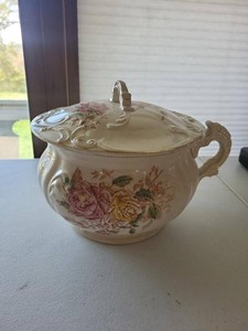Vintage Floral Covered Chamber Pot Slop Jar Ceramic 8in See Photos