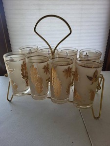 St. Regis Frosted Highball Glasses Gold Leaf Barware Set Caddy