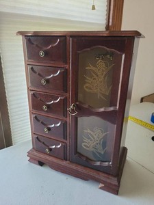 Tabletop Wooden Jewelry Armoire Cabinet w Mirror Drawers Etched Glass