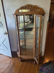Vintage Oak Curio Display Cabinet Bowed Glass Door Lighted 34x16x67