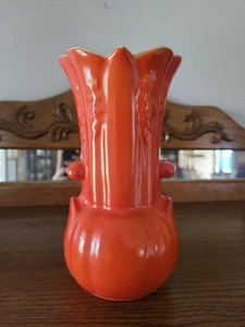Vintage Orange Art Pottery Vase Scalloped Rim Applied Knobs