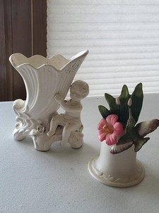 INARCO Cherub Cornucopia Vase & Hummingbird Bud Vase Decor