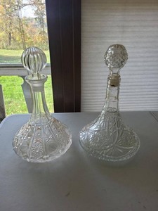 Vintage Pressed Glass Decanter Pair With Stoppers Clear Barware