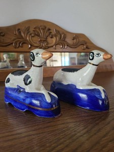 Pair Occupied Japan Borzoi Greyhound Figurines on Blue Bases