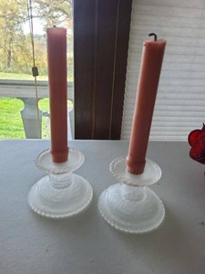 Pair of Vintage Frosted Glass Candlesticks Art Deco Style Holders