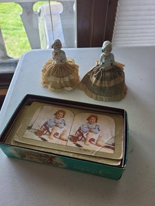 Vintage Half Doll Pincushions & Stereoview Photo Card Box Lot