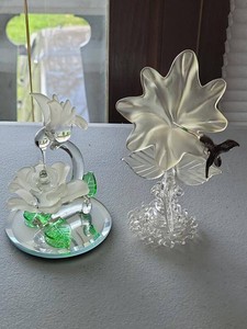 Set of 2 Art Glass Hummingbird Flower Figurines Frosted Clear