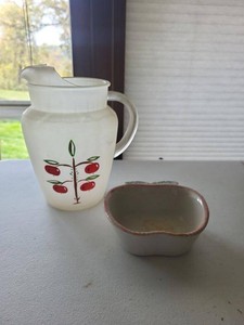 Vintage Cherry Pitcher & Signed Apple Ceramic Bowl Kitchen Decor