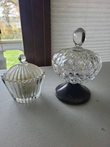 Pair of Vintage Pressed Glass Covered Candy Dishes with Pedestal
