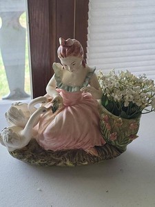 Vintage Figural Lady & Swans Ceramic Planter Pink Dress Vase