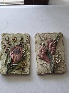 Pair Botanical Relief Wall Plaques Protea & Ginger Floral Art
