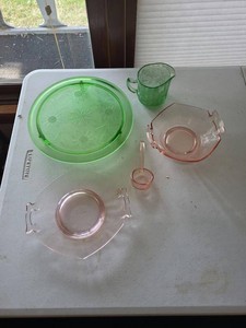 Vintage Depression Glass Serving Lot Pink Bowl Ladle Green Tray Creamer