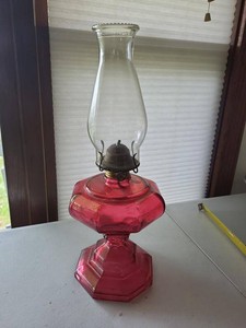 Ruby Red Glass Kerosene Oil Lamp with Clear Chimney Faceted Base