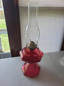 Antique Cranberry Glass Kerosene Oil Lamp With Clear Chimney