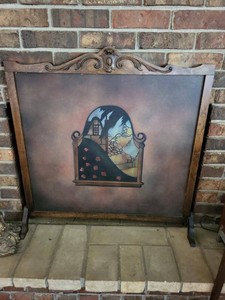 Vintage Wooden Fireplace Screen Hand Painted Scenic Panel 31in Wide