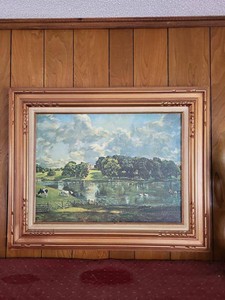 Framed Pastoral Lake Landscape Print Carved Wood Frame 32x26