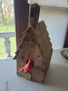 Handmade Rustic Wooden Church Birdhouse w Red Cardinal Folk Art