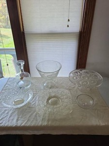 Lot of Assorted Vintage Clear Glass Serveware Bowls Decanter Cake Stand